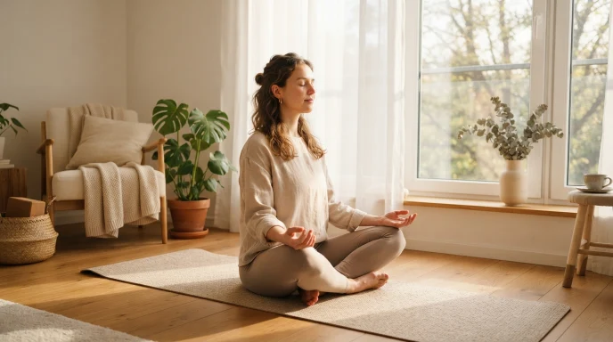 Woman taking a deep breath while sitting peacefully in a sunlit room