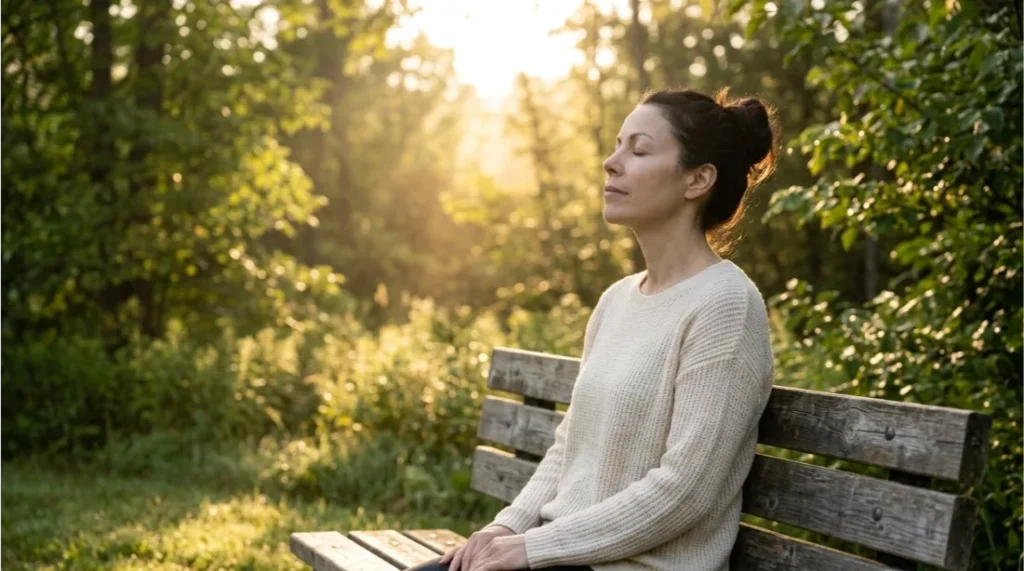 Person enjoying a peaceful sunrise while practicing mindfulness