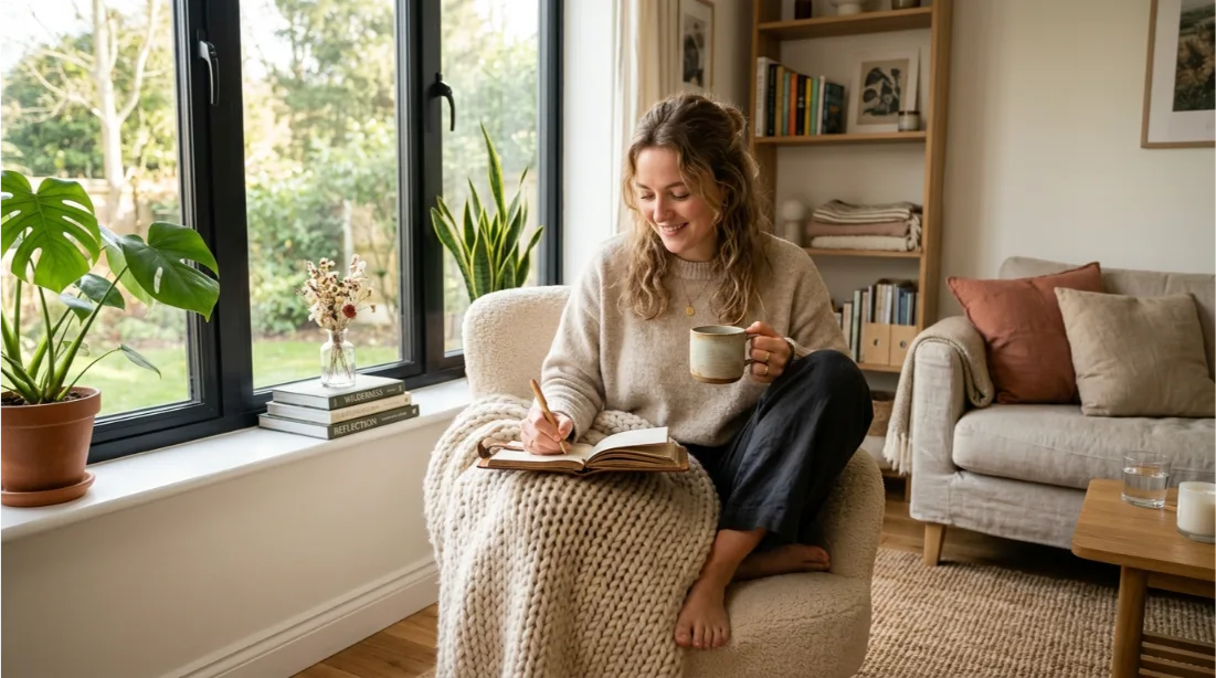 Woman practicing emotional self-care by journaling peacefully at home