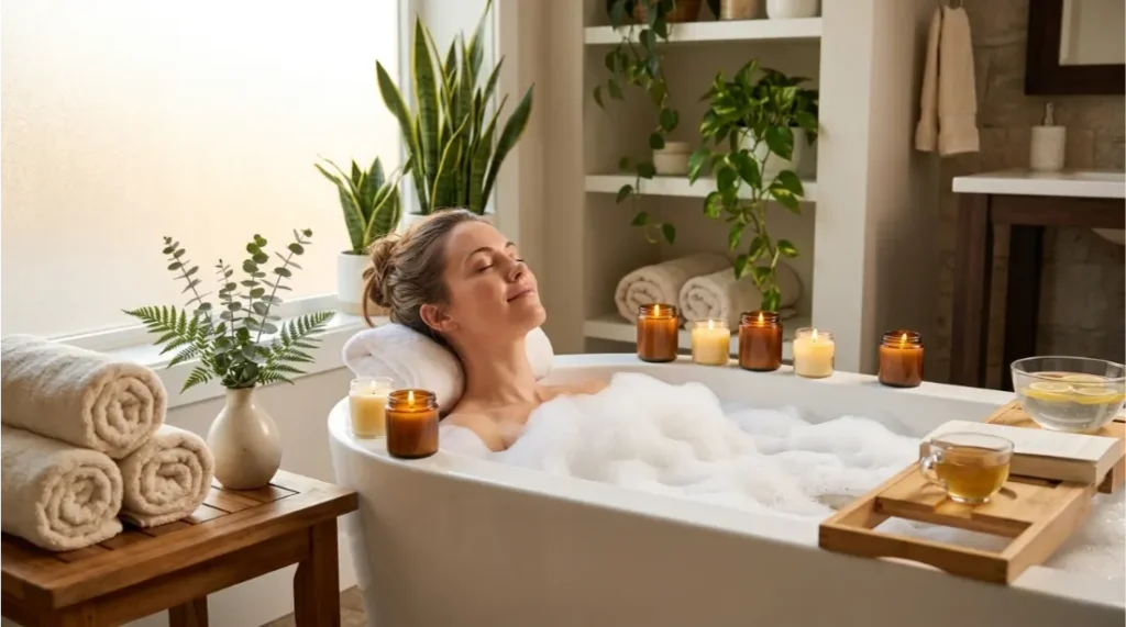 Woman enjoying a relaxing bath for physical self-care