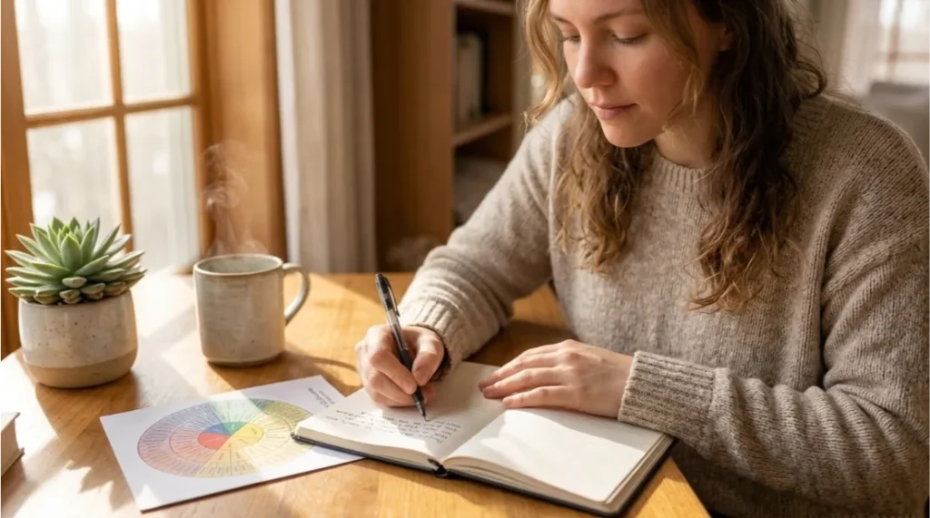 Person writing in a journal while identifying emotions