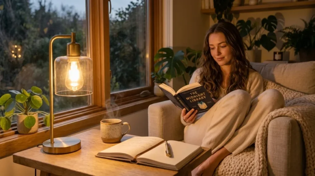 Calming evening routine with a book and soft lamplight