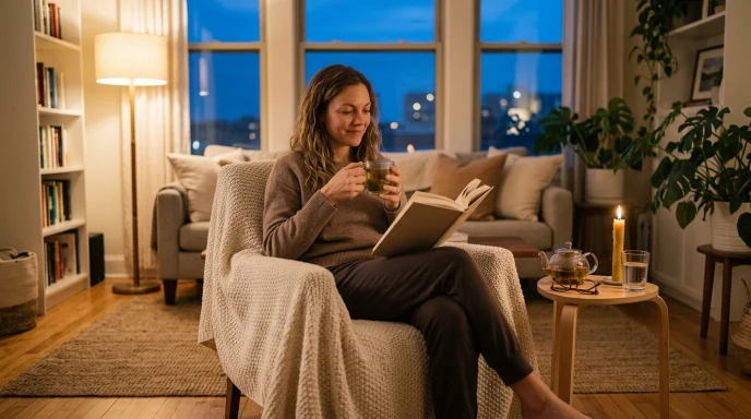 Calming evening routine with a book and warm tea