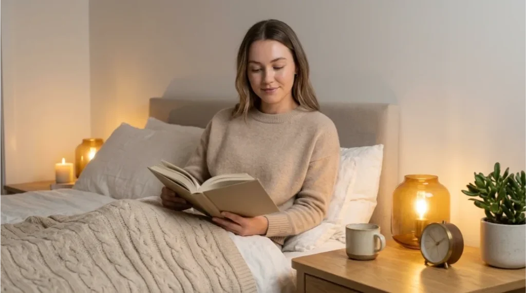 Calming evening scene with a book and soft lamplight