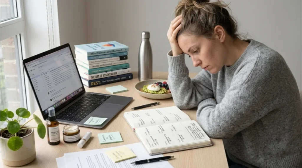 Overwhelmed person trying to manage too many self-care tasks