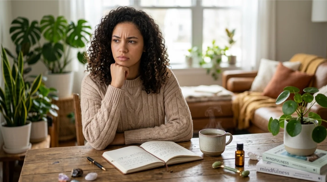 Woman looking overwhelmed while trying to maintain a self-care routine