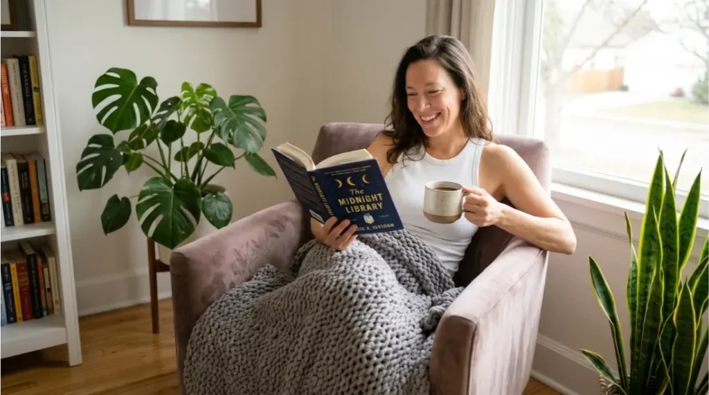 woman reading a book while drinking coffee on a quiet morning