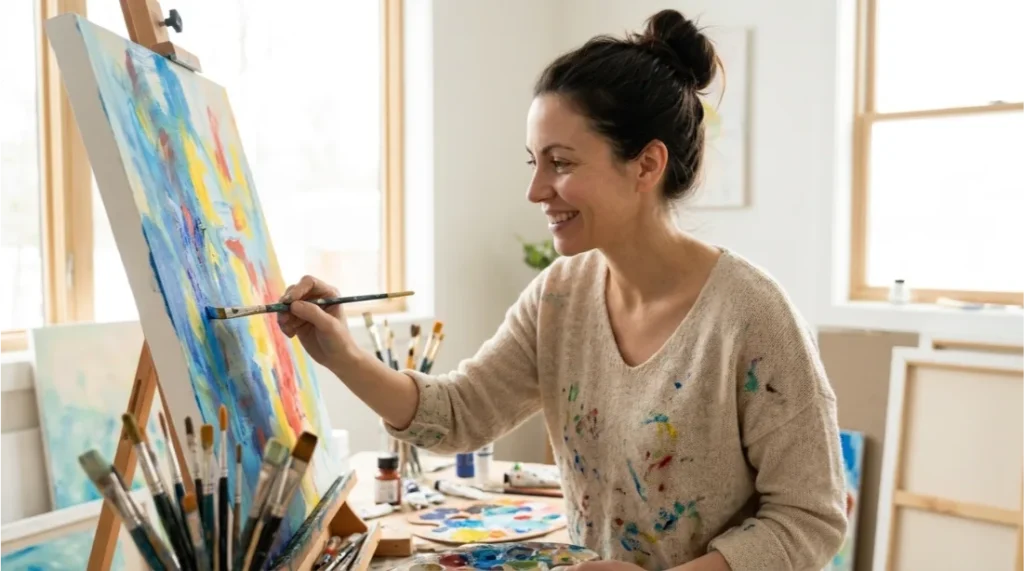 Person expressing emotions through painting on canvas