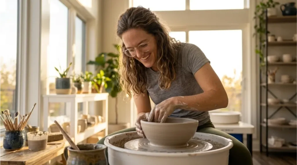 woman making pottery as a relaxing evening hobby