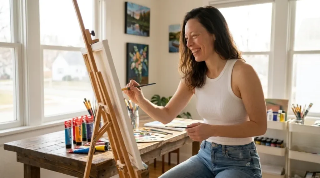 woman painting at home during a relaxing weekend