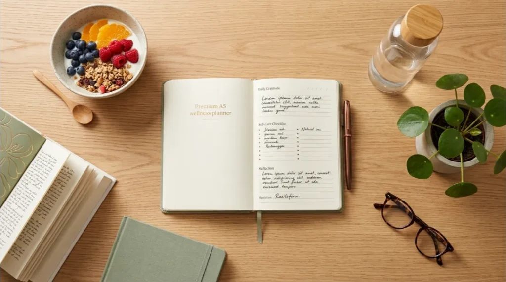 Daily mental health self-care routine planner on a desk