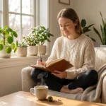 Woman practicing daily mental wellness habits with journaling and morning mindfulness