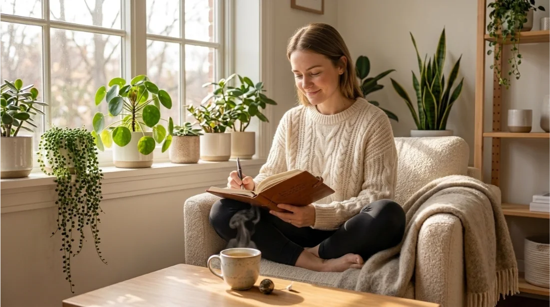 Woman practicing daily mental wellness habits with journaling and morning mindfulness