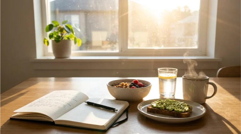 Morning wellness routine with journal healthy breakfast and sunlight