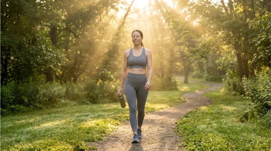 Person walking outdoors as part of a daily physical self-care routine