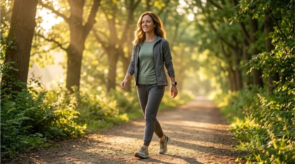 Woman enjoying a daily walk to improve mental wellness