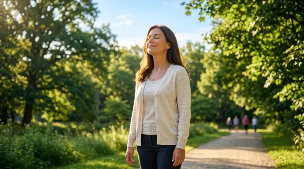 Person enjoying morning sunlight during a peaceful outdoor walk