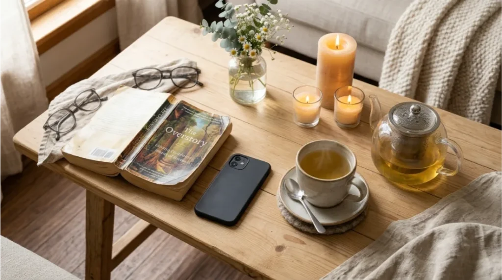 Smartphone switched off beside a relaxing Sunday setup