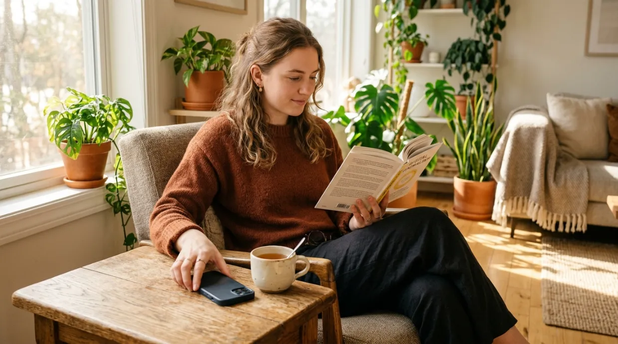 Woman practicing digital self-care by putting her smartphone away and relaxing with a book