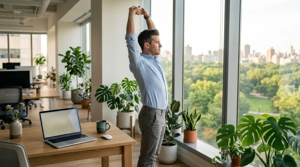 Office worker taking a healthy screen break during work