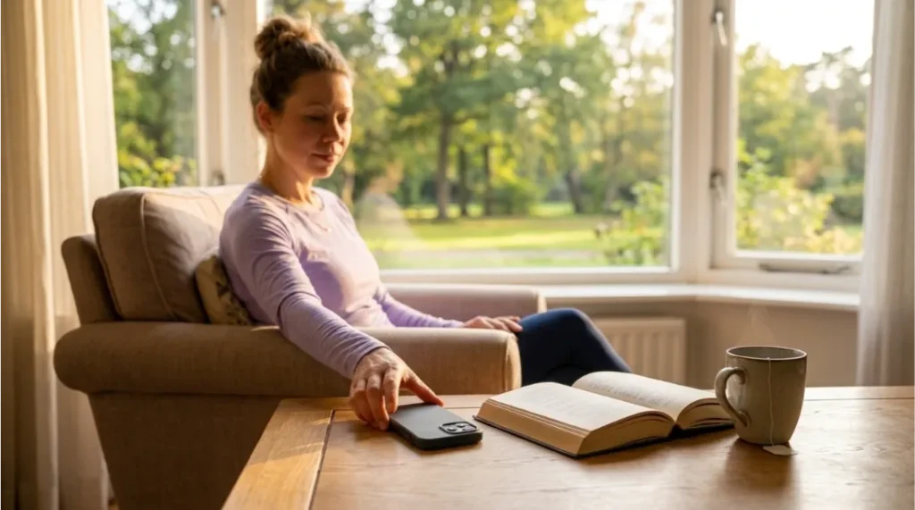 Person taking a break from smartphone to improve mental wellness