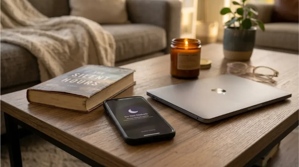 Smartphone in Do Not Disturb mode beside a closed work laptop