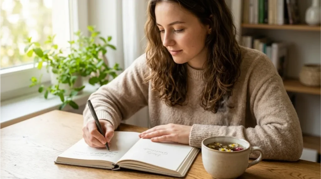 Woman writing in a gratitude journal to improve emotional awareness