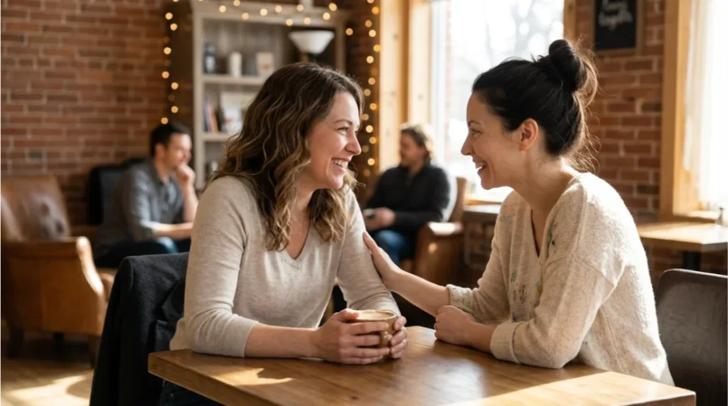 Two friends having a supportive conversation over coffee