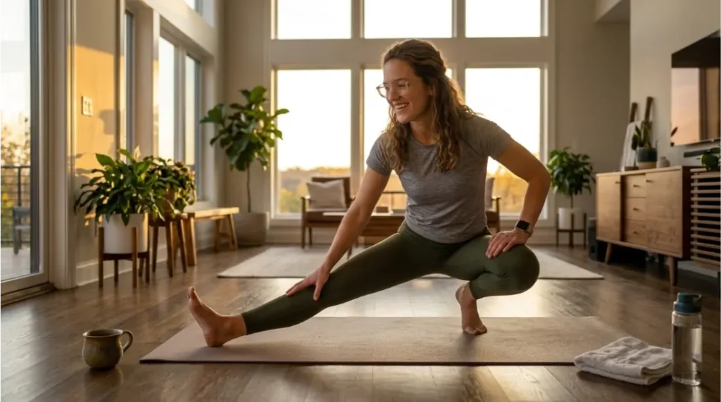 woman stretching after work in her living room