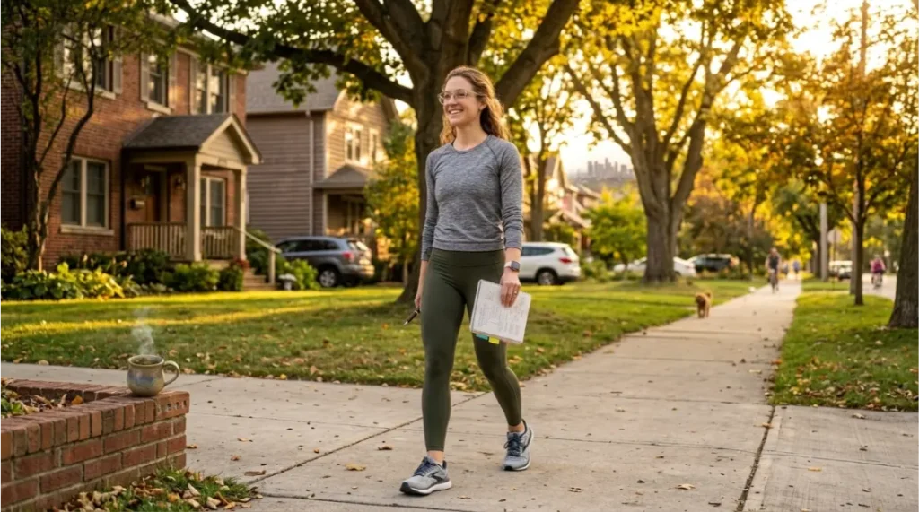 woman taking a peaceful evening walk after work