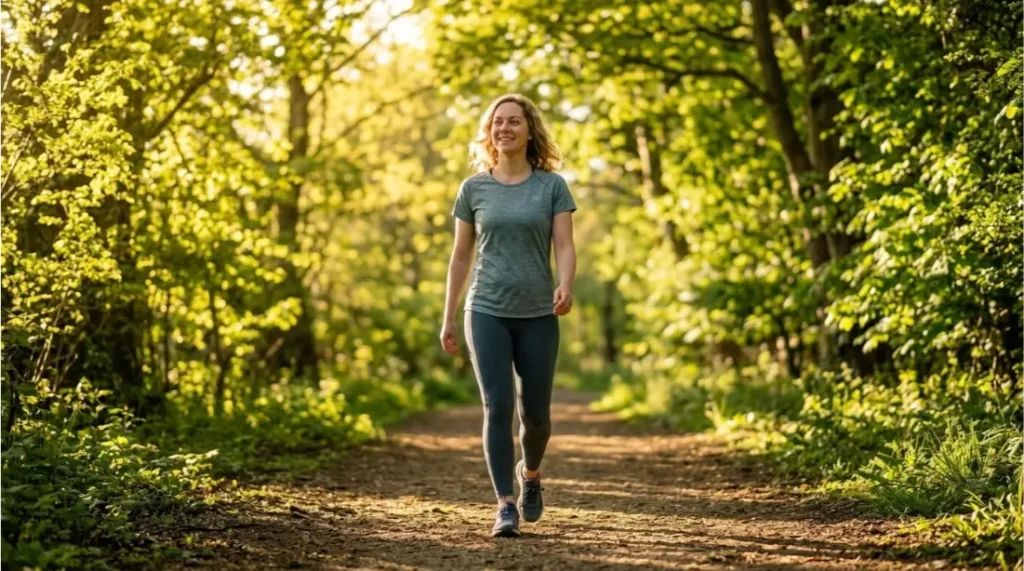Woman enjoying a morning walk to support mental wellness