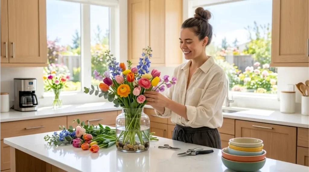 Woman arranging fresh flowers at home