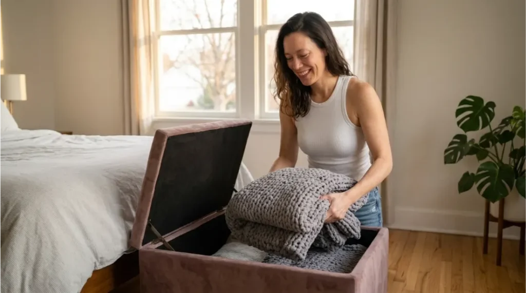 woman organizing her bedroom as part of weekend self-care