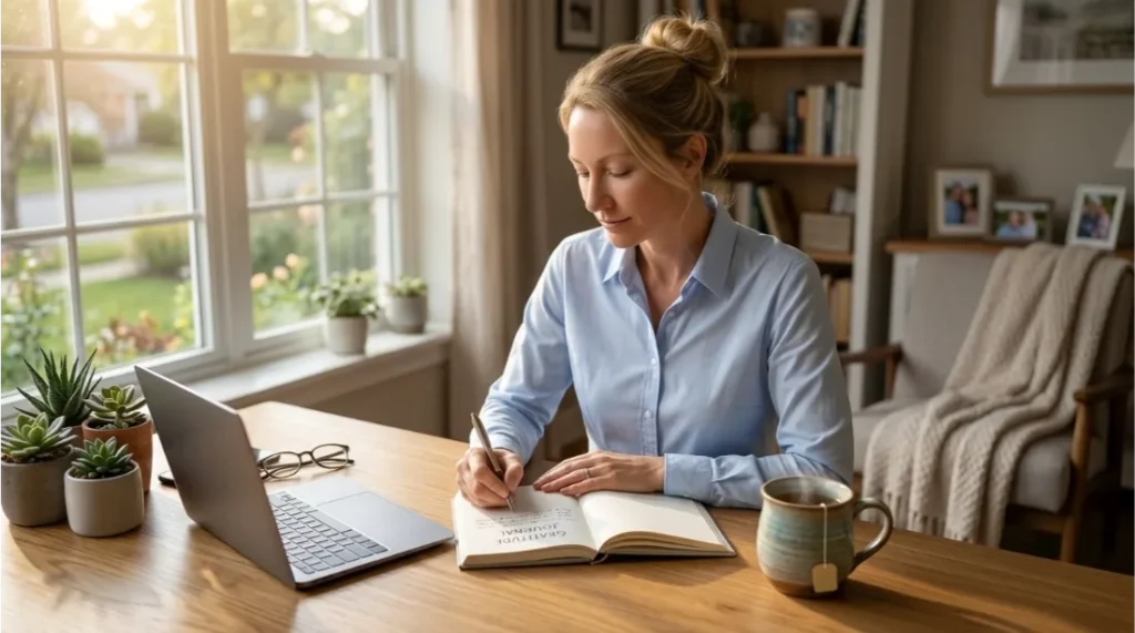 Woman writing gratitude journal for mental wellness