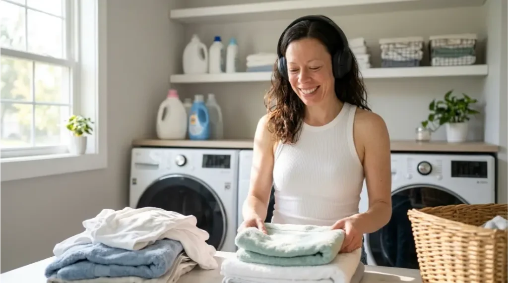 woman happily folding laundry while listening to music