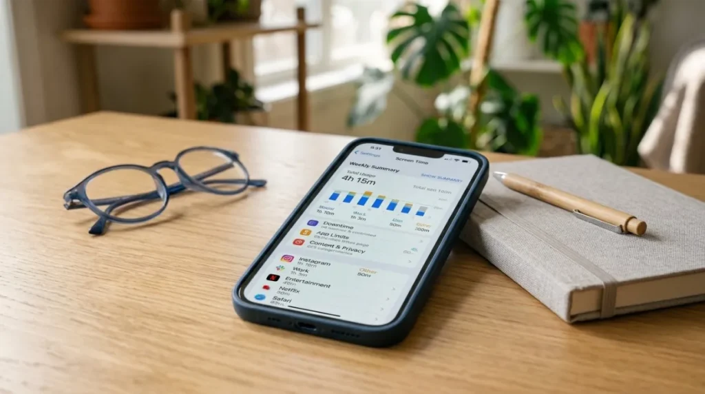 Smartphone displaying screen time settings for digital wellness