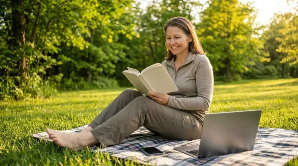 Happy person enjoying a balanced digital lifestyle outdoors