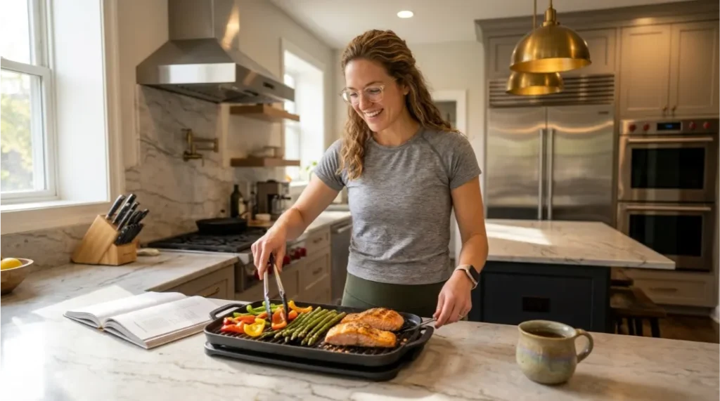 woman cooking a healthy dinner after work