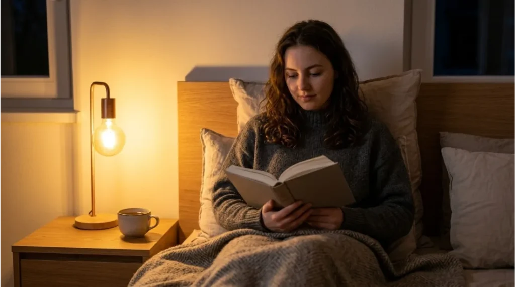 Relaxing evening routine with reading before bedtime
