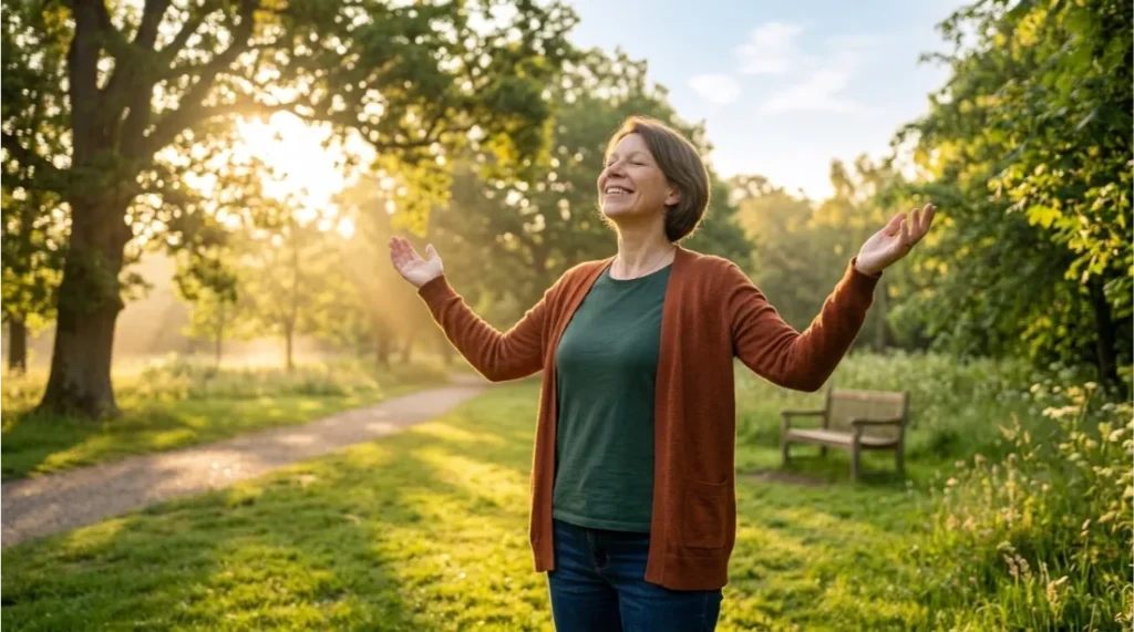 Smiling person enjoying a peaceful and mentally healthy lifestyle outdoors