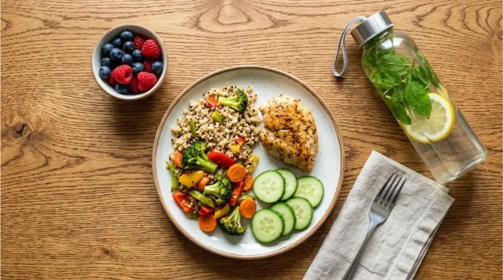 Healthy meal and water supporting mental wellness