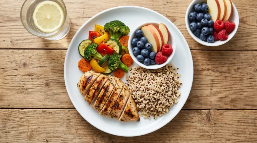 Healthy meal with vegetables, fruits, and a glass of water