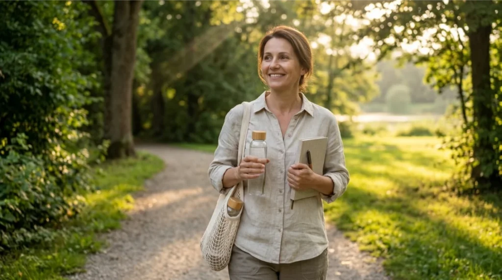 Happy person enjoying a balanced self-care lifestyle outdoors