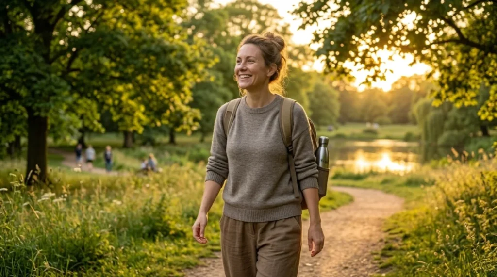 Happy person enjoying a balanced self-care lifestyle outdoors