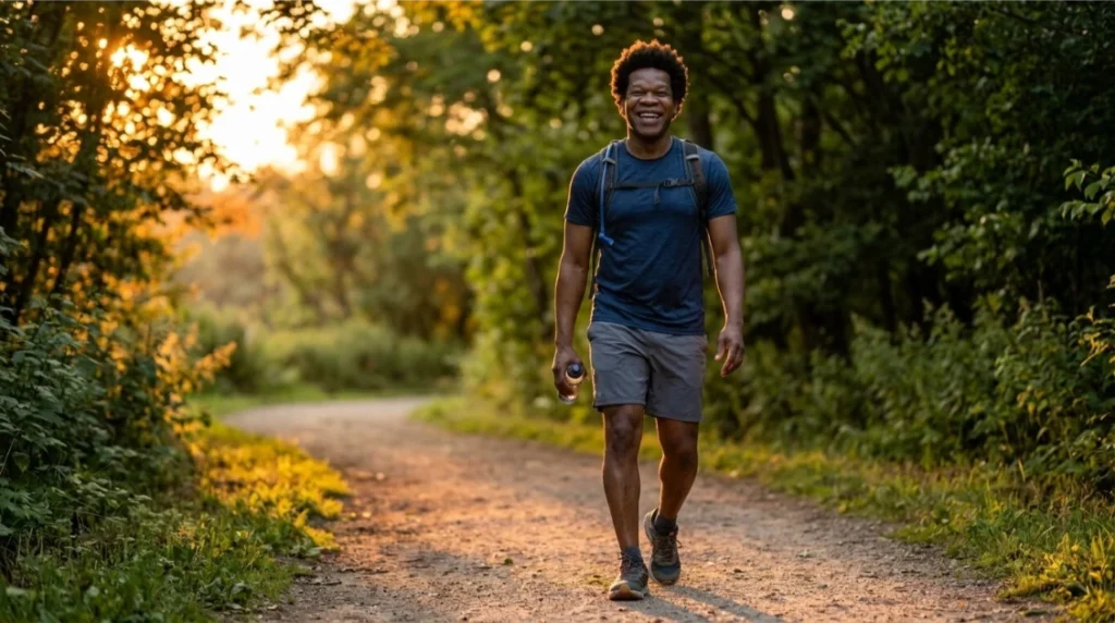 Happy man enjoying a balanced and healthy lifestyle outdoors