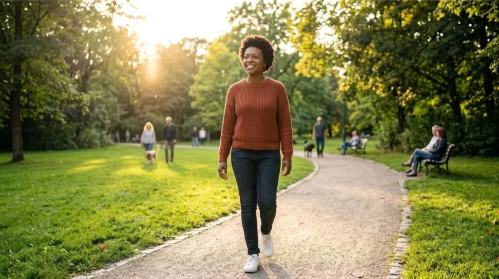 Happy woman enjoying a balanced and healthy lifestyle outdoors