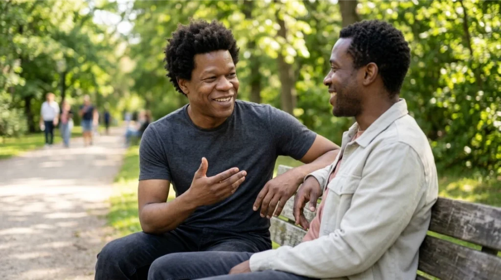 Two male friends enjoying a supportive conversation outdoors