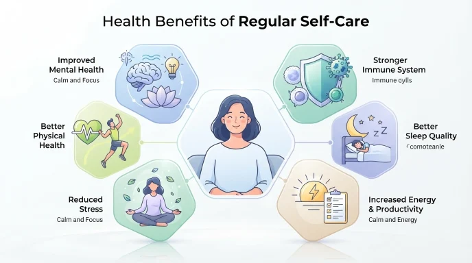Infographic showing the health benefits of regular self-care