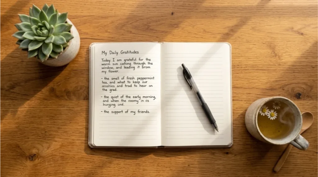 Gratitude journal with handwritten notes on a wooden desk
