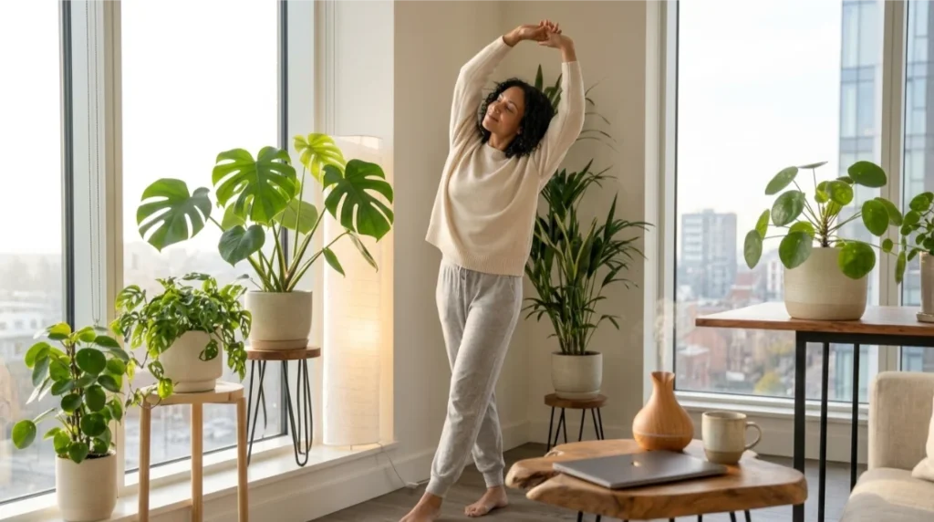 Person stretching after noticing physical tension and fatigue